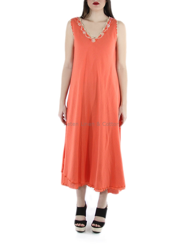 Hand Made Coral Color Cotton Maxi Dress Keten