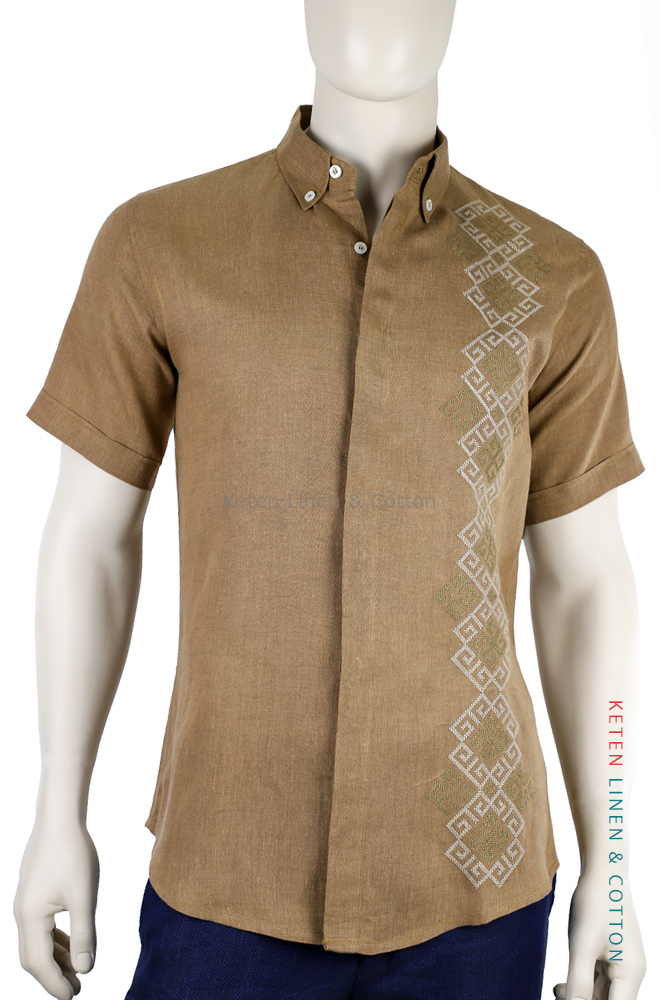 turtle Contemporary liner Pure Linen Brown Color Embroidered Short Sleeve Shirt