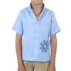 Camisa de Lino para Niño Manga Corta con Alforzas y Bordado Azul GUAYABERAS