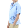 Camisa de Lino para Niño Manga Corta con Alforzas y Bordado Azul GUAYABERAS