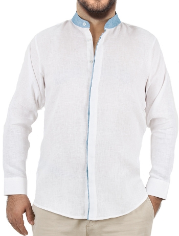 Camisa de Lino Color Blanco Cuello Mao Azul CAMISAS