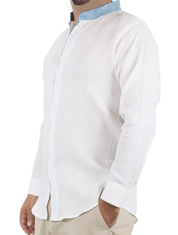 Camisa de Lino Color Blanco Cuello Mao Azul CAMISAS