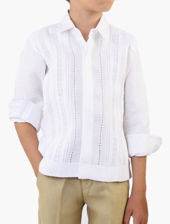 Guayabera 100% Lino con Alforzas y Encaje Manga Larga Blanco GUAYABERAS