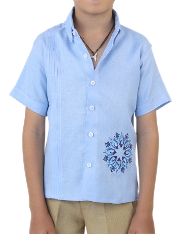 Camisa de Lino para Niño Manga Corta con Alforzas y Bordado Azul GUAYABERAS