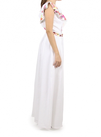 Vestido Largo de Lino con Bordado de Flores MUJER