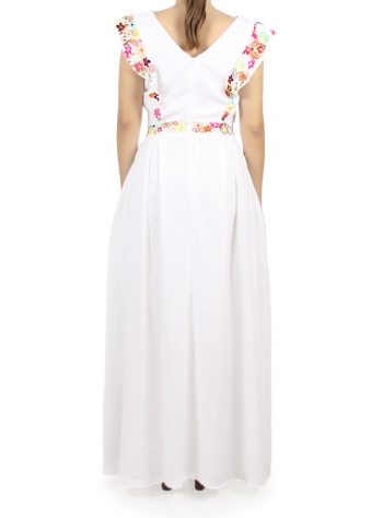 Vestido Largo de Lino con Bordado de Flores MUJER