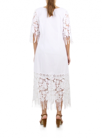 Vestido de Lino Color Blanco con Encaje MUJER