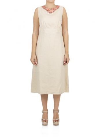 Short Beige Linen Dress with Embroidery DRESSES