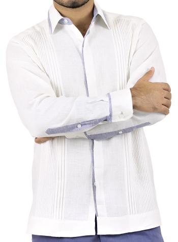 Guayabera Shirt 100 % Linen White with Tucks and Blue Details GUAYABERAS