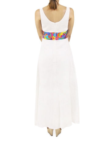 Long White Linen Dress with Embroidery on Waistline DRESSES