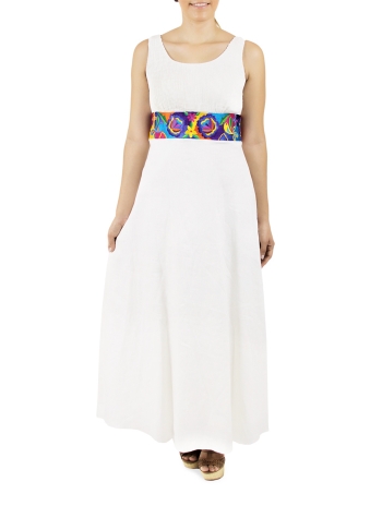 Long White Linen Dress with Embroidery on Waistline DRESSES