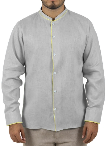 Camisa de Lino Color Gris con Detalles en Amarillo CAMISAS