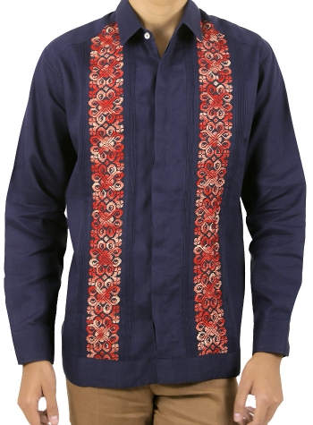 Guayabera Fina de Lino Azul con Bordados Rojos Vallarta GUAYABERAS 