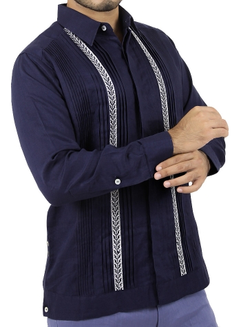 Pattern Embroidered Blue Irish Linen Guayabera Shirt GUAYABERAS