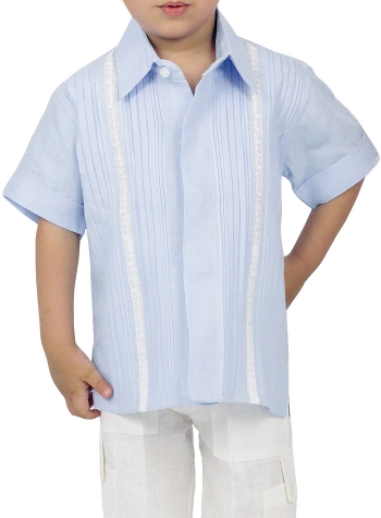 Guayabera Para Niño Azul Cielo 100% Lino GUAYABERAS