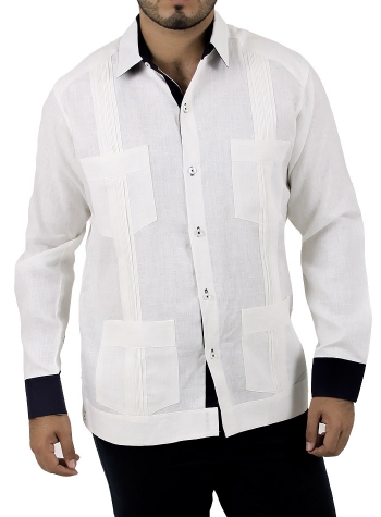 Classic Style 4 pocket White Linen Guayabera with Blue Details GUAYABERAS