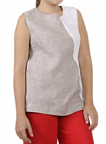 Blouse 100% Linen Beige Color With White TOPS