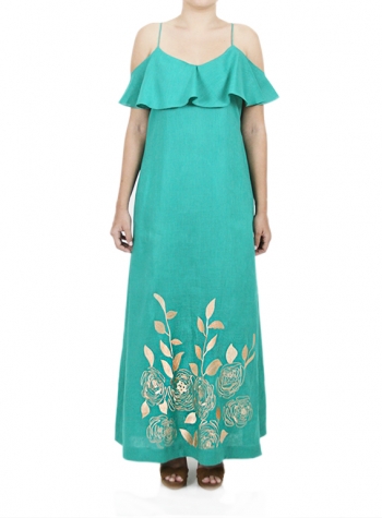 Long Emerald Dress with Khaki Color Artisan Embroidery DRESSES