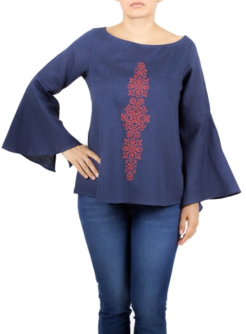 Marine Blue Color Linen Embroidered Top TOPS