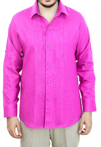 Camisa de Lino 100% Corte Slim Con Alforzas Color Rosa CAMISAS