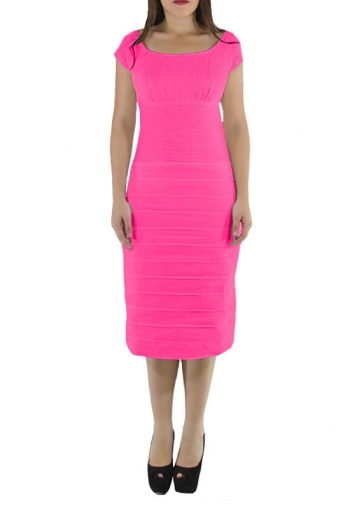 Pleated Fuchsia Linen Midi Cocktail Dress DRESSES