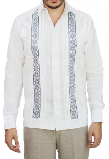 Guayabera de Lino Con Bordado a Mano Punto de Cruz Azul GUAYABERAS 