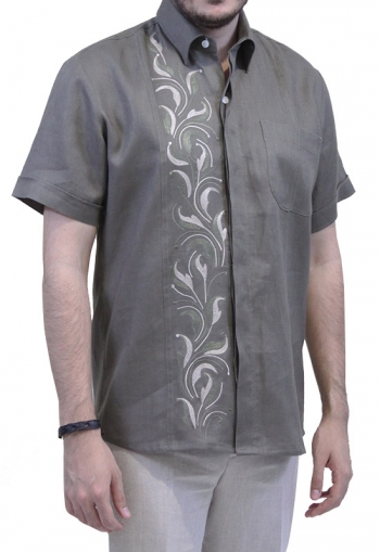 Embroidered Green Linen Short Sleeve Shirt SHIRTS