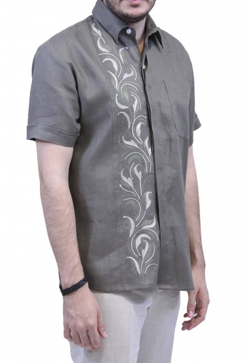 Camisa de Lino Con Bordado Artesanal Color Pardo Verde CAMISAS