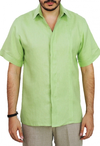 Pleated Green Linen Short Sleeve Shirt SHIRTS