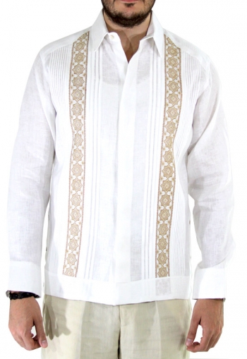 Guayabera Blanca de Lino Con Bordado a Mano Punto de Cruz Caqui GUAYABERAS 