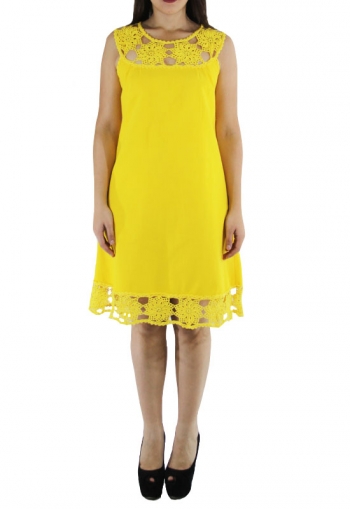 Hand Made Crochet-Paneled Yellow Cotton Dress DRESSES