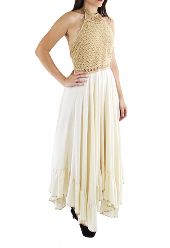 Hand Made Crochet-Paneled Ecru Cotton Midi Dress DRESSES