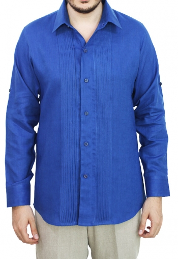 Camisa de Lino 100% Corte Slim Con Alforzas Color Azul CAMISAS