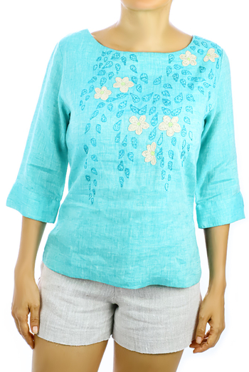 100% Linen Blouse Heather Blue Color Hand Embroidered 3/4 Sleeves TOPS