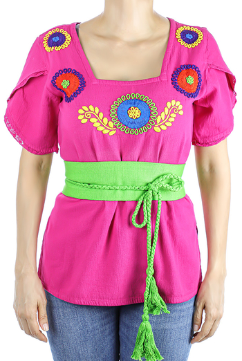 Pink Color Cotton Short Sleve Hand Embroidered Top TOPS