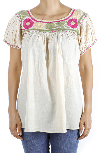 Ivory Color Linen Hand Embroidered Blouse TOPS