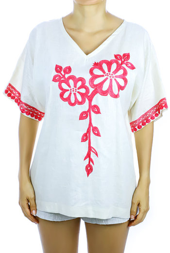 White Pure Linen Handmade Embroidered Blouse With Hand Embroidery TOPS