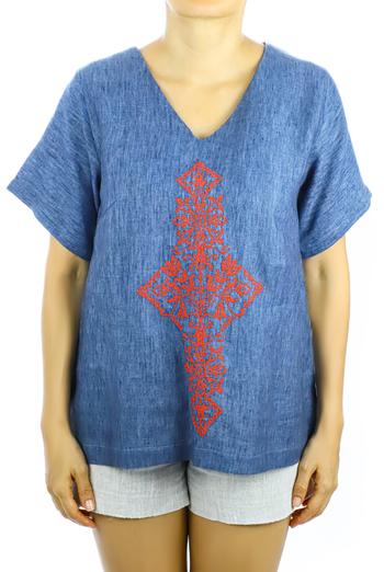 Top De Lino Natural Color Azul Jaspeado Bordado Punto de Cruz BLUSAS