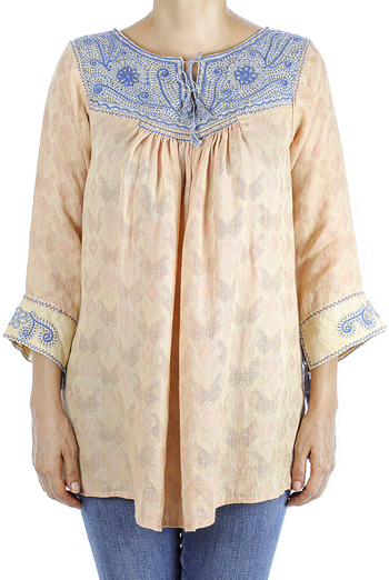 Mustard Color Handmade Embroidered Pique Linen Blouse With Hand Embroidery TOPS