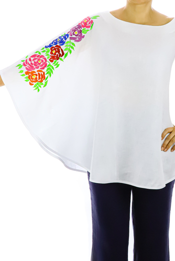Top de Lino Color Blanco Con Bordado de Colores Artesanal Mexicano Unitalla BLUSAS
