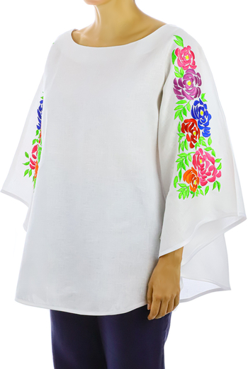 White Linen Top With Handmade Colorful Embroidery Mexican Art One Size TOPS