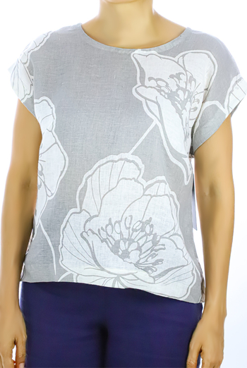 Blusa de Lino Estampado En Color Gris y Blanco BLUSAS