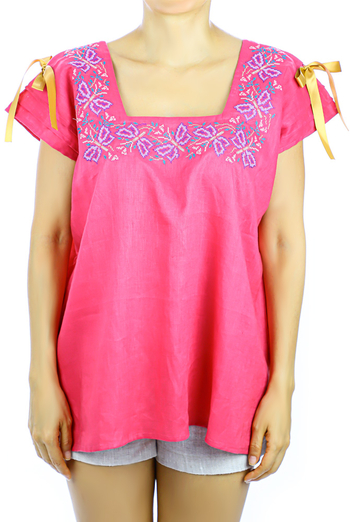 Huipil de Lino con Bordado Yucateco Color Rosa BLUSAS