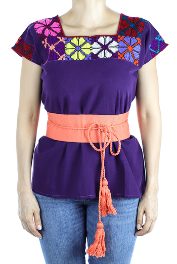 Purple Color Cotton Short Sleve Hand Embroidered Top TOPS