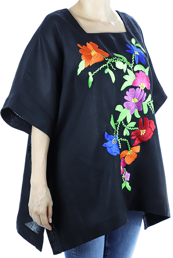 Black Linen Top With Handmade Embroidery Mexican Art TOPS