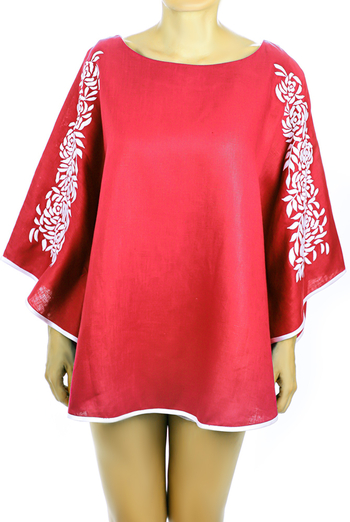 Red Linen Top With Handmade Embroidery Mexican Art TOPS