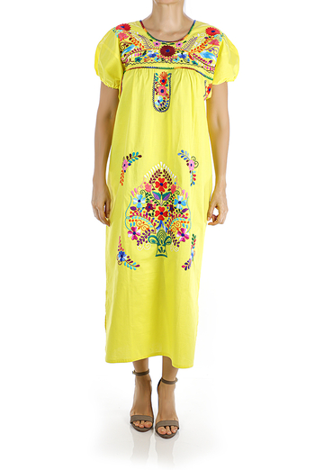 Yellow Color Handmade Embroidered Cotton Dress WOMEN