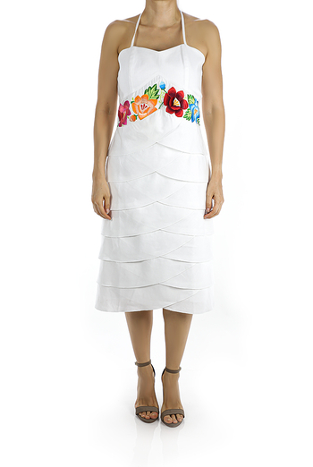 Below Knee White Linen Dress With Handmade Embroidery DRESSES