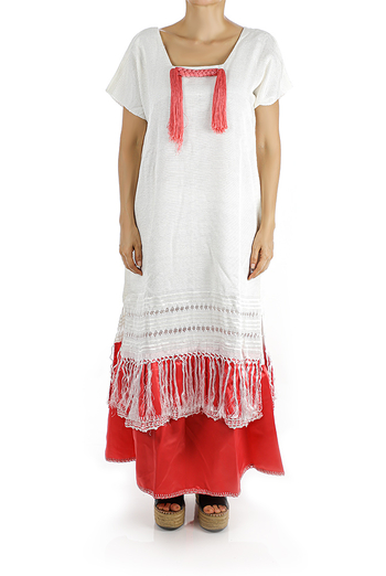 Hermoso Vestido Blanco Mexicano De Rebozo Morado Hecho a Mano MUJER