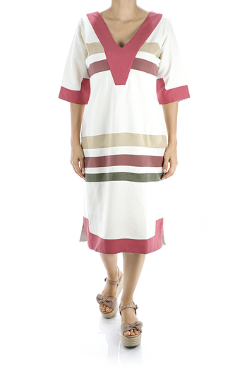 White Linen Dress With Color Combinations 3/4 Sleeves DRESSES